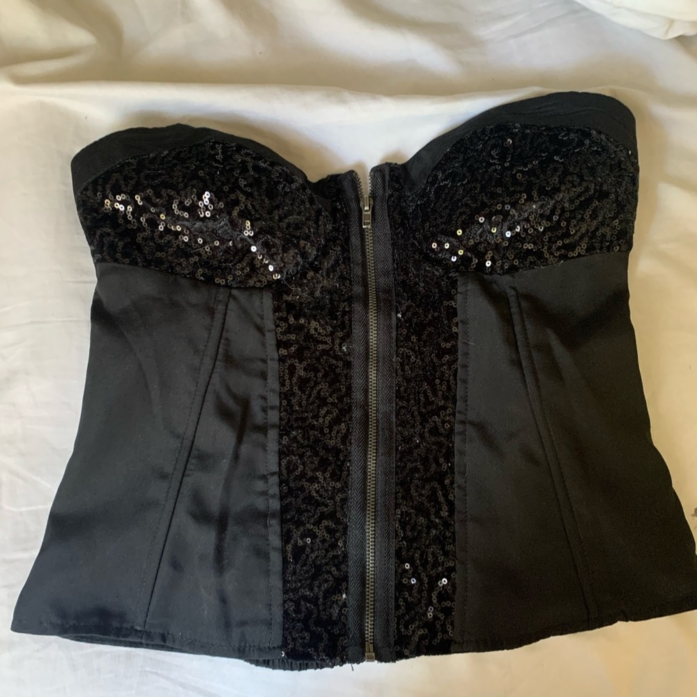 Juniors Sequin Corset Bustier zip-up strapless top